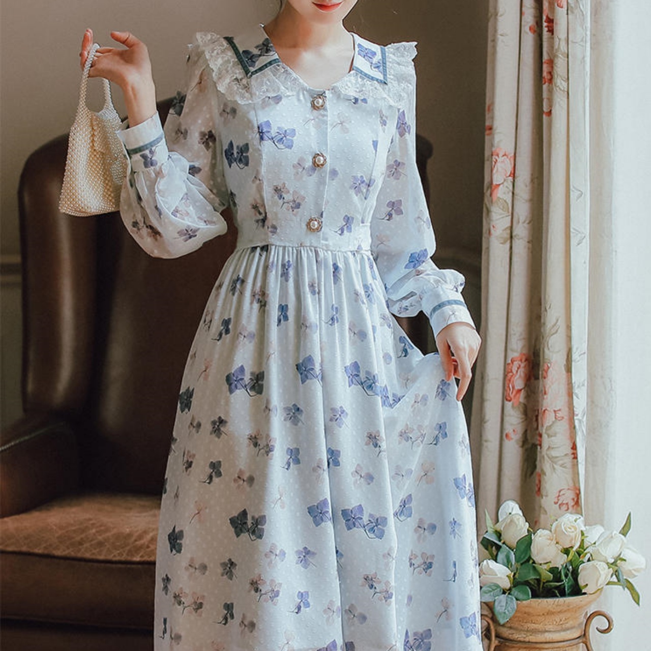 3色展開 あじさい ガーリー ワンピース Cocomico