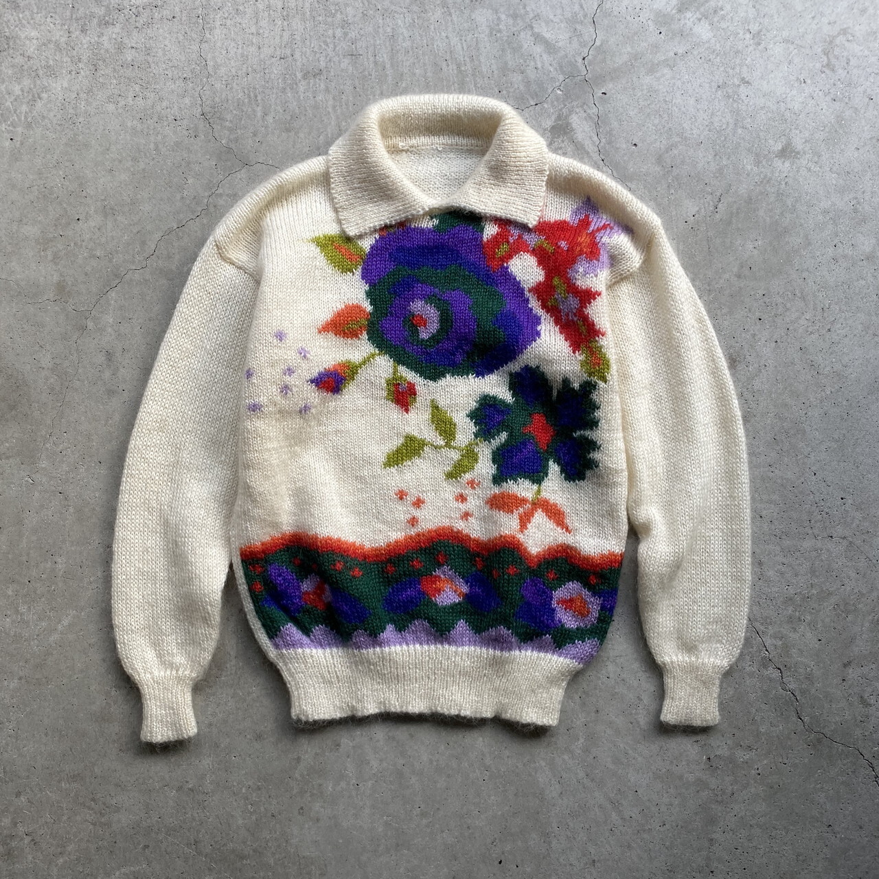 フラワー 花柄 襟付き ウールニットセーター レディースxl 古着 生成り ナチュラル 白 レトロ ニットセーター Sa50 Al2109 Cave 古着屋 公式 古着通販サイト