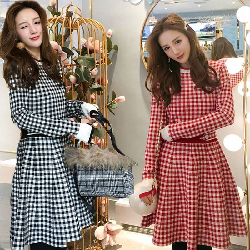 ワンピース レディース チェックワンピース レトロワンピース ギンガムチェック レトロ Aライン 長袖 韓国 オルチャン Happy Toon