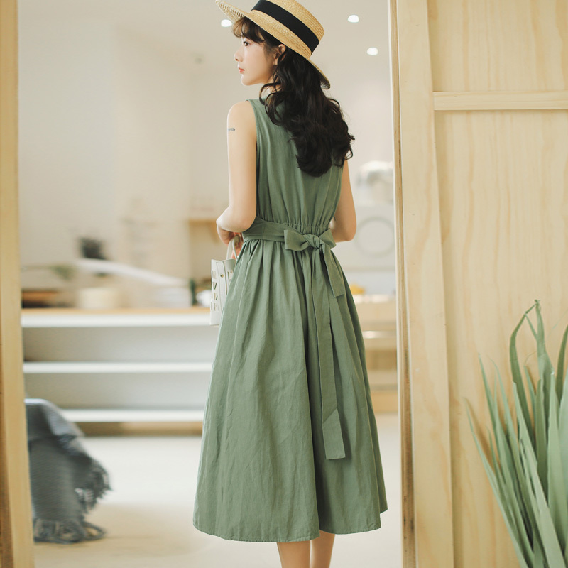 送料無料 ワンピース ミモレ丈 ノースリーブ 袖なし カシュクール Vネック ウエストマーク Aライン バックリボン バックシャン フレア ミントグリーン 体型カバー ナチュラル 森ガール 大人可愛い 大人カジュアル フェミニン 清楚 春夏 お出かけ デイリー ビーチ