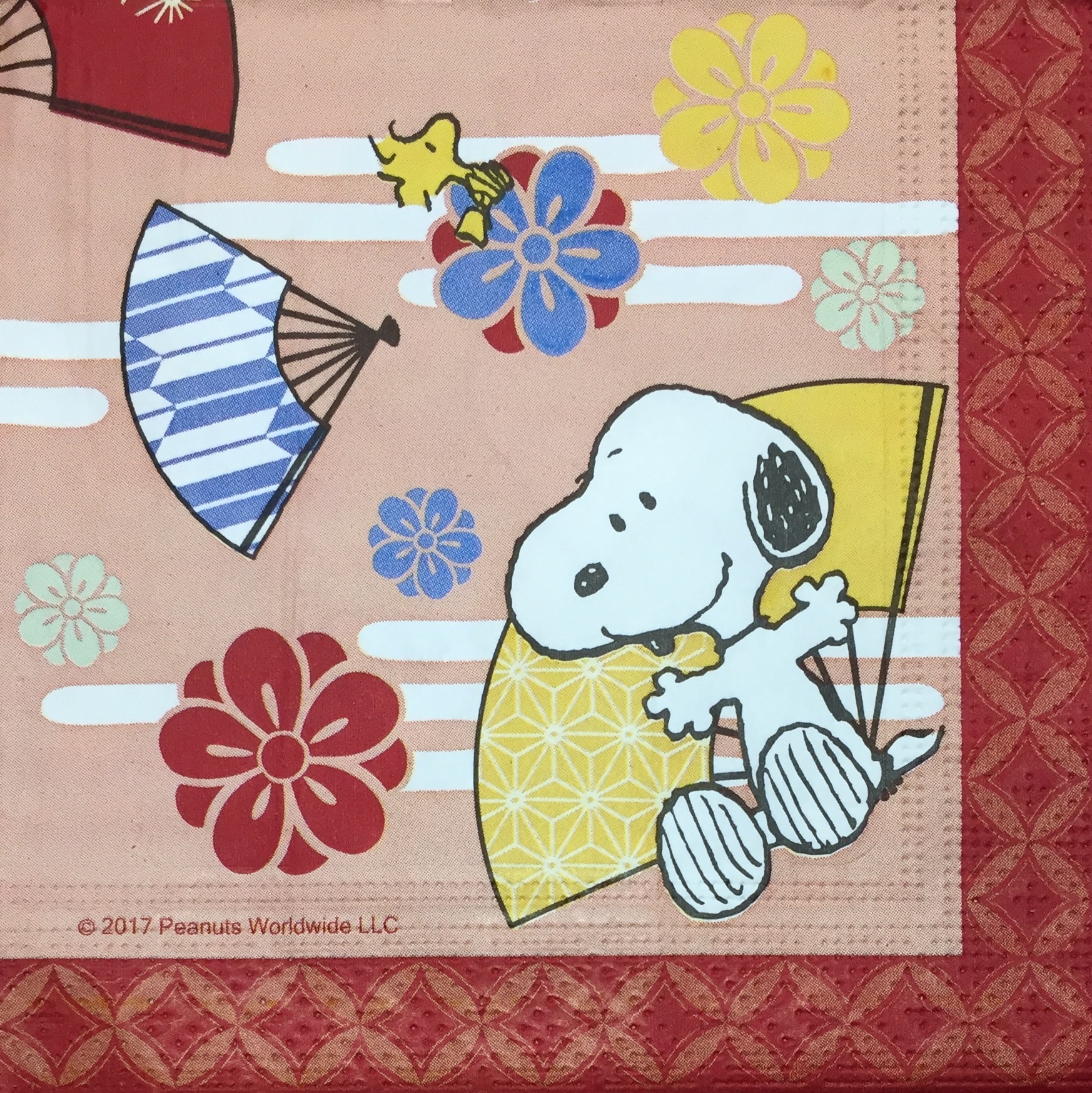 Snoopy バラ売り1枚 ランチサイズ ペーパーナプキン 和柄スヌーピー 扇 えんじ色 北欧ペーパーナプキンpaperletter ペーパー レター