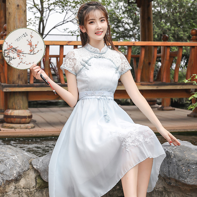 チャイナ風ワンピース 中華服 改良唐装 可愛い 普段着 S M L Ll レース ライトブルー Elegant