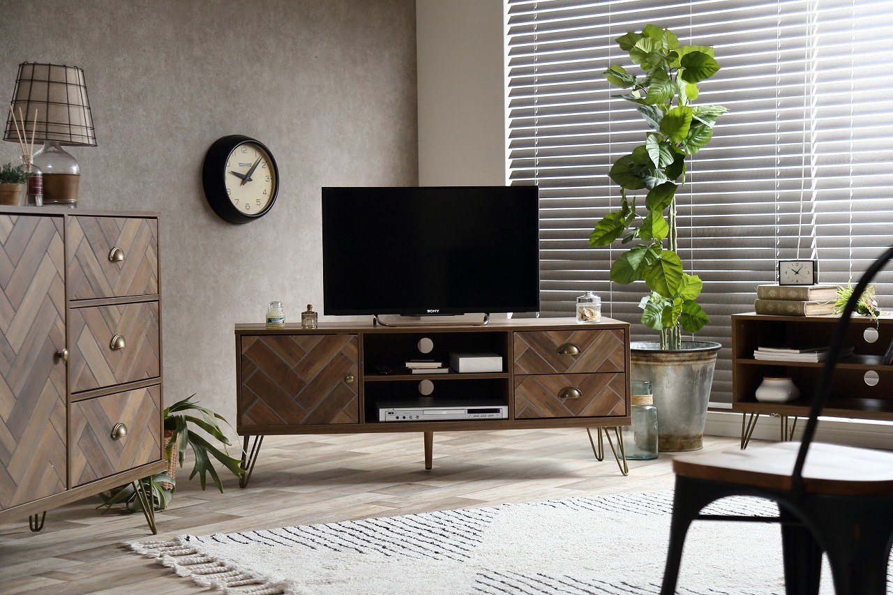 北欧デザイン ヘリンボーンデザインがオシャレなテレビボード ブラウン 木目柄 Tkskshop 送料無料