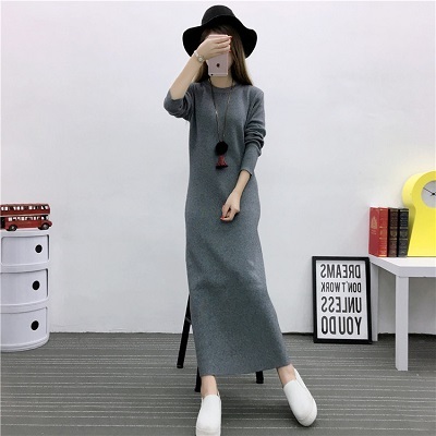 ニットワンピース ロング丈 レディース マキシ丈 ニット セーター スリット 秋 冬 秋冬 クルーネック 黒 灰色 紺 緑 大人 無地 シンプル プチプラレディースファッション通販 Yboueki