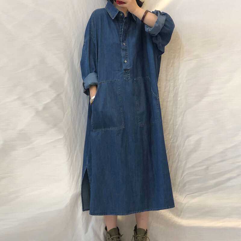 ワンピース デニムワンピース ロング丈 長袖 ゆったり Vネック 無地 Ol 通勤 Aライン ブルー 大きいサイズ 青い 春 秋 冬 Modocat