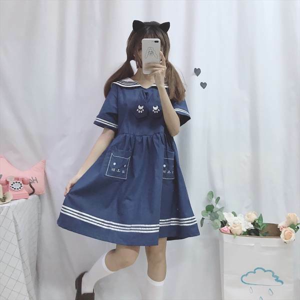 ワンピース セーラー ねこ イラスト ロゴ 襟付き お姫様 アリス フリル かわいい シンプル ゆめかわ やみかわ オルチャン Sweetly ワンピース セーラー ねこ イラスト ロゴ 襟付き お姫様 アリス フリル かわいい シンプル ゆめかわ やみかわ オルチャン Sweetly