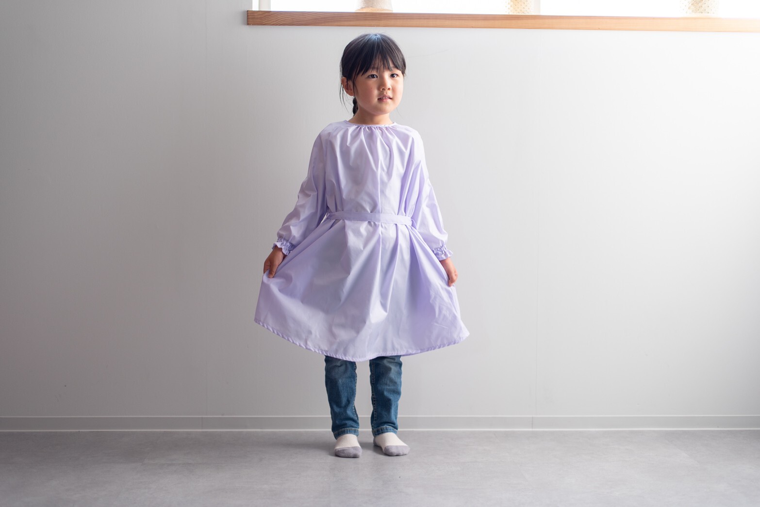 日本製 キッズ長袖エプロンドレス 長袖 撥水 国産 可愛い プリンセス エプロンワンピース ピンク パープル 子供用割烹着 Valley Mode 可愛い日本製エプロン 長袖エプロン ガウン 予防衣 おしゃれな仕事着 感染症対策にも