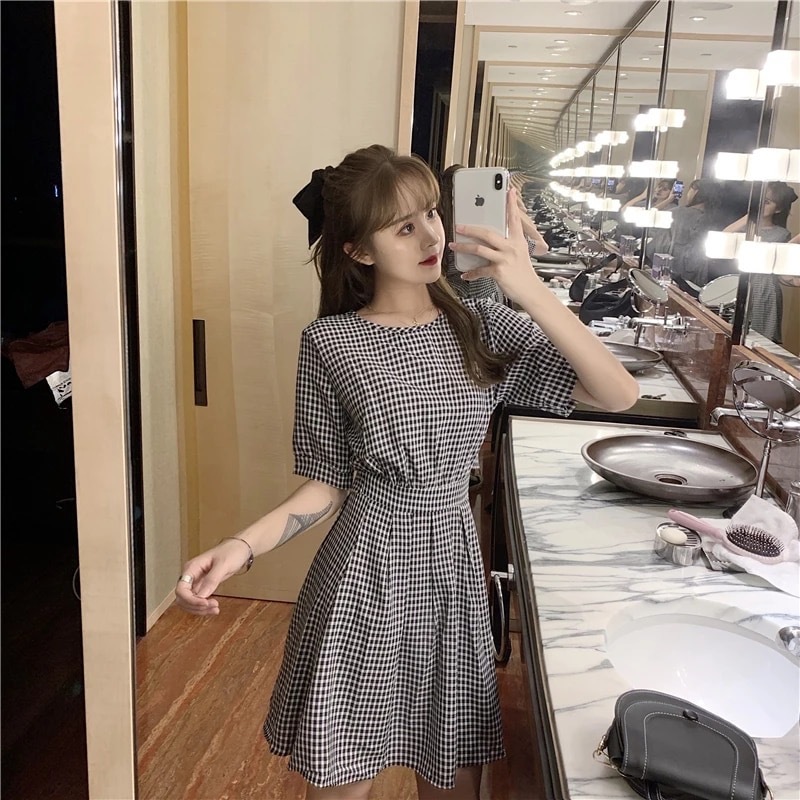 送料無料 レディース 半袖 チェック 背中開き ワンピース リボン 格子柄 春 夏 韓国 La Preference