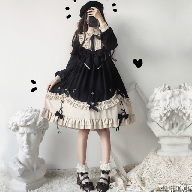 ロリータ ワンピース 長袖 黒 甘ロリ ゴスロリ 十字架 クロス クラシカル クラロリ ロリィタ ハイウエスト コスプレ 夢かわいい 原宿系 病みかわいい リボン フリル Heart Mart