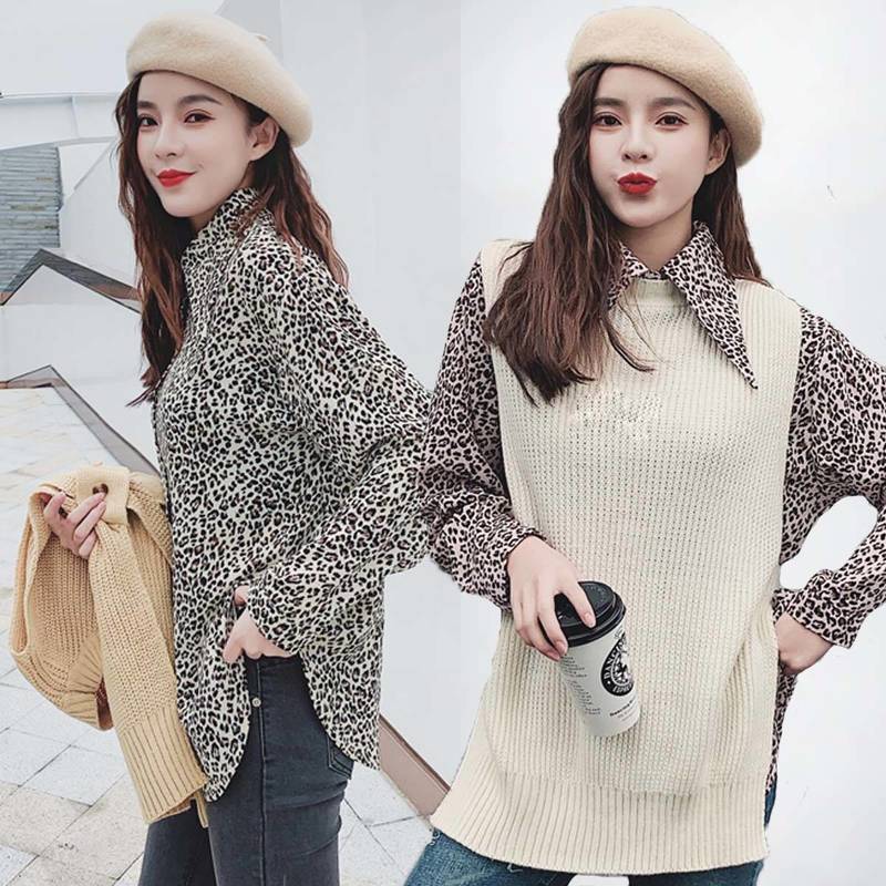シャツ レディース トップス レオパードシャツ ヒョウ柄 レオパード ニットベスト ツーピース 2点セット 無地ベスト 個性的 Happy Toon