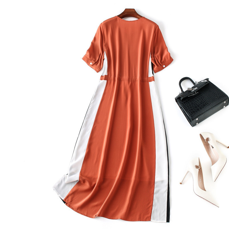 シルク100 高品質 シルクワンピース ドレス レディースファション ラウンドネック 五分袖 ロング丈 配色 ゆったり エレガント 高品質 高級感ある 女子会 結婚式 普段着 Ol 通勤 オフィス M L Ll Elegant