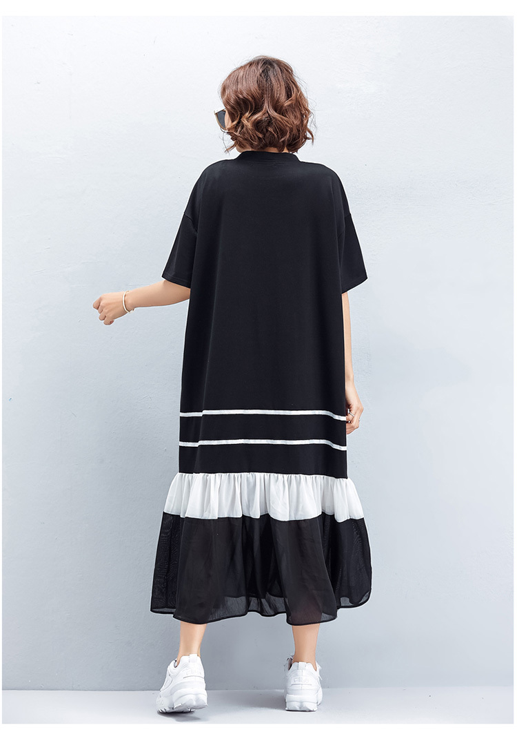 ゆるふわ 服 ガーリー カジュアル レディース ロングtシャツワンピース ロングワンピ コーデ 黒 体型カバー リラックス メッシュステッチ ラウンドネック 半袖 ボーダーワンピース プリーツスカート ロング オシャレ 楽ちん ブラック レディースファッション デート服