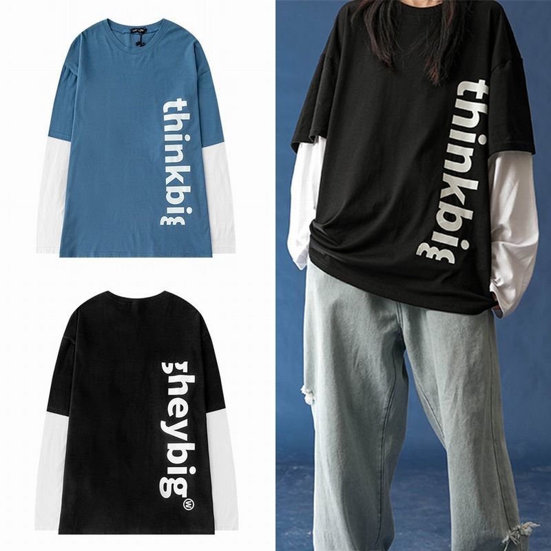 ユニセックス 長袖 Tシャツ 韓国ファッション メンズ レディース 重ね着風 フェイクレイヤード 英字 ラウンドネック オーバーサイズ 大きいサイズ ストリート Tbn Mamos マモス ストリートファッションならお任せ 韓国ファッションがお好きな方も要