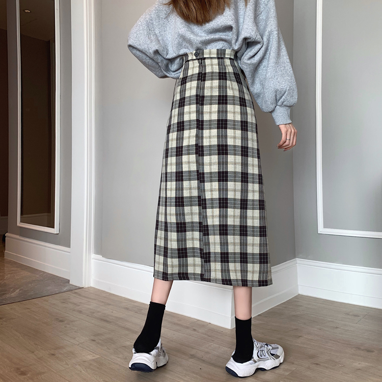 スカート ミディアム丈 チェック ガーリー レトロ きれいめ カジュアル 大人可愛い 韓国ファッション Luluca