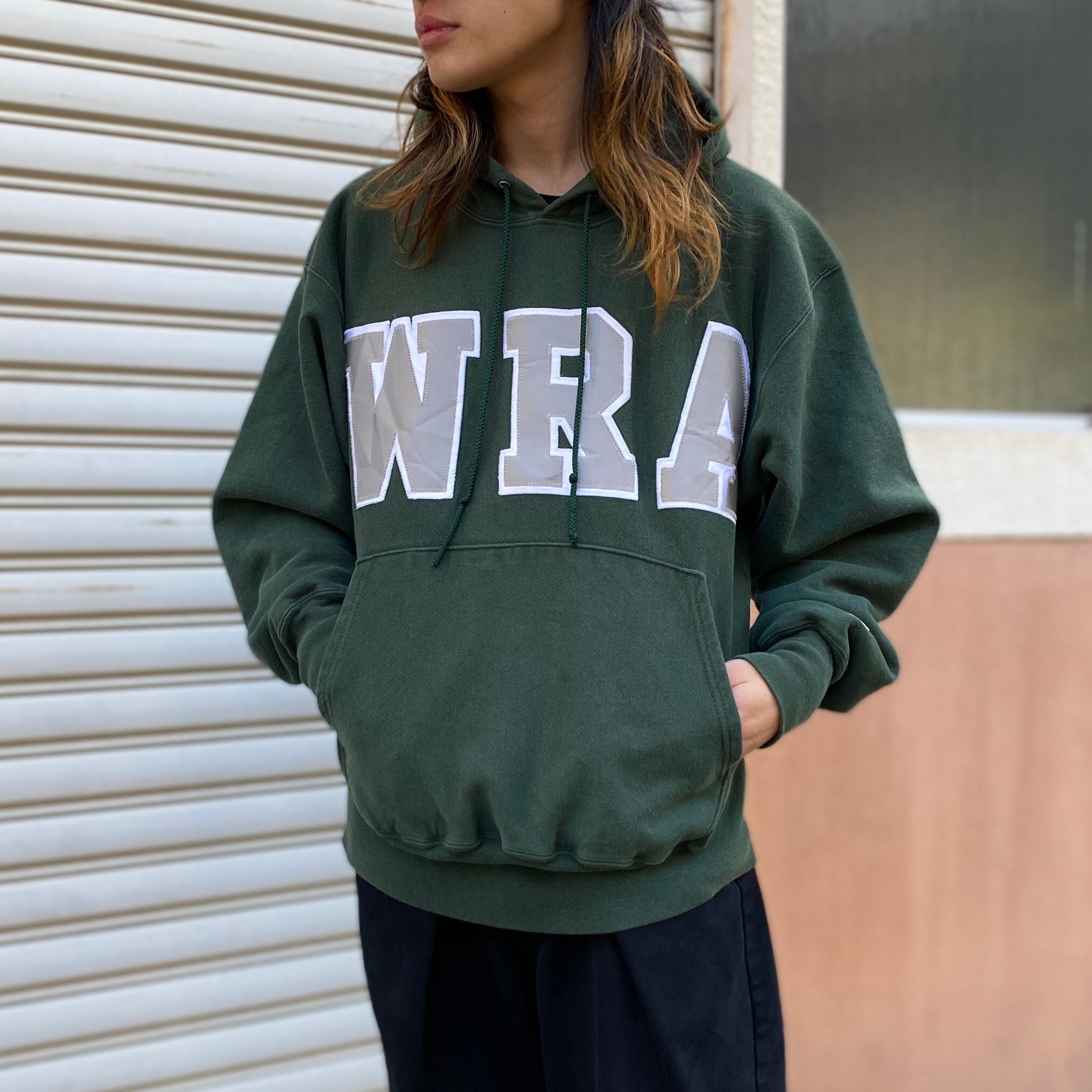 チャンピオン リバースウィーブ Wra ワッペン カレッジ プルオーバーパーカー メンズxl 古着 Champion Reverse Weave スウェット トレーナー グリーン 緑色 パーカー Cave 古着屋 公式 古着通販サイト