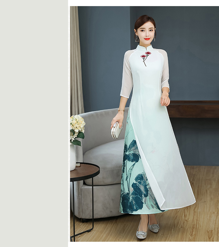 アオザイ ベトナム 民族風 チャイナ風ワンピース ロングドレス サイドスリット 長袖 スタンドネック ワンピース 二次会 花嫁 謝恩会 デート お呼ばれ 大きいサイズ S M L Ll 3l 4l Elegant