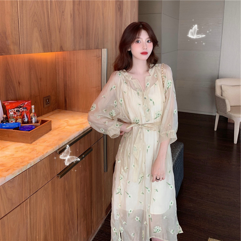 ふんわり花柄 シフォンワンピース キャミワンピ 花柄シフォンワンピース 透け感 S M L 2l ロング ワンピース 膝下 長袖 ロングワンピ 春夏 花柄 きれいめ 優雅 クリーム ふんわり シフォンチュールロング 韓国レディース キッズファッション Londonbridge