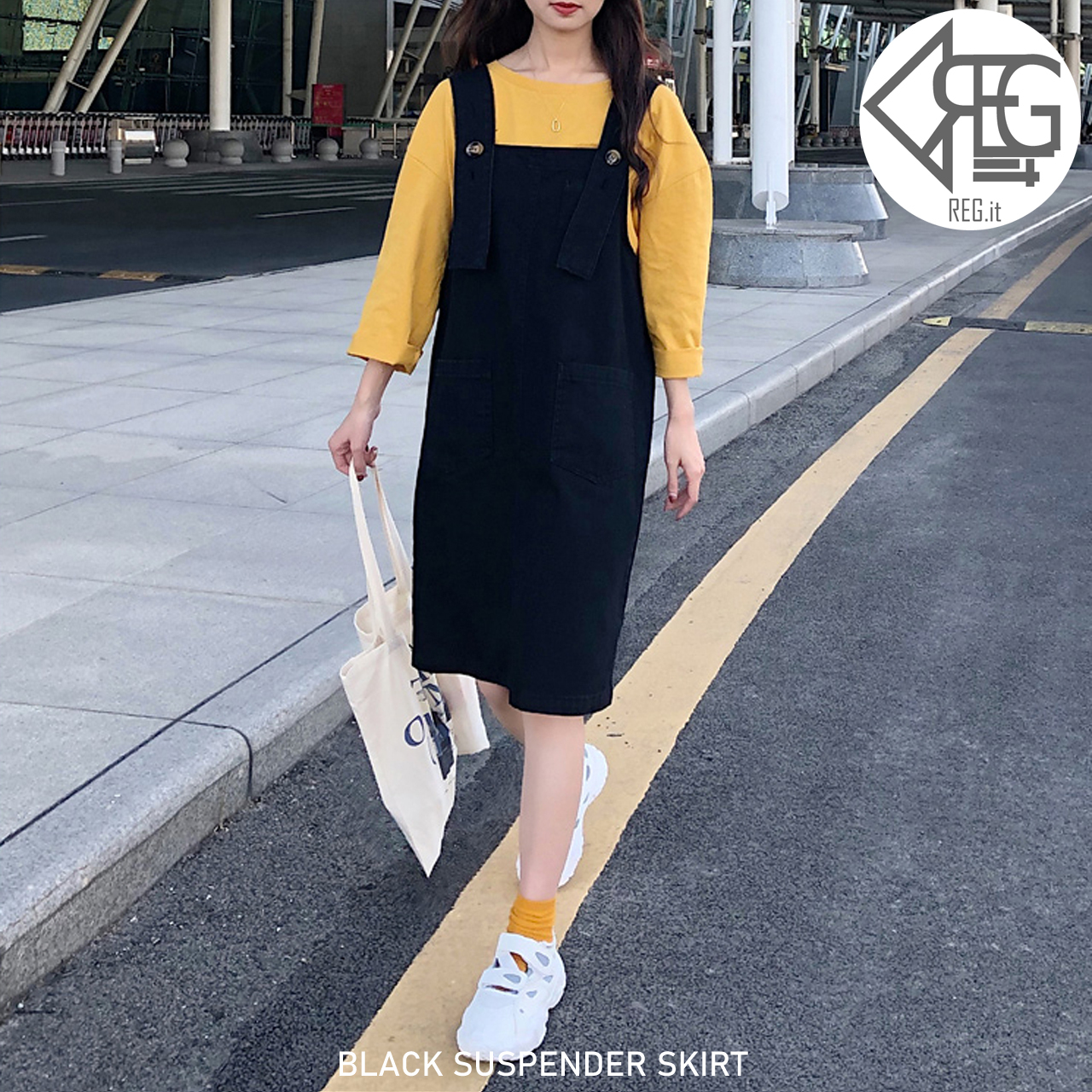 Regit Black Suspender Skirt 韓国服 ワンピース サスペンダー スカート サロペット ひざ丈 デニム 10代 代 プチプラ 着回し 着映え ネット通販 Regit