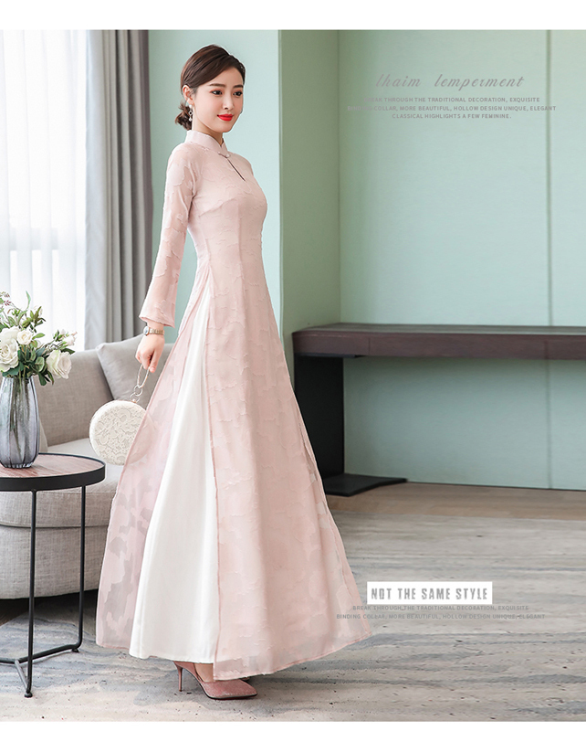 アオザイ風チャイナドレス レース ベトナム エスニック風 文芸スタイル ロングドレス 長袖 二次会 グレー ワンピース デート パーティー お呼ばれドレス 入園式 婚活 大きいサイズ M L 2l 3l Dresszone