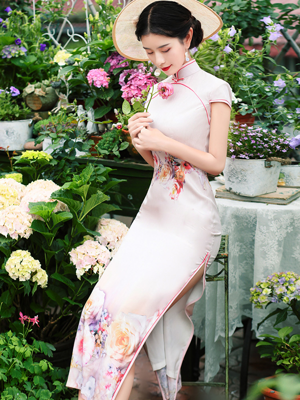 チャイナドレス ワンピース チャイナ風服 中華服 スタンドネック 半袖 ロング丈 エレガント 着痩せ 上品 大きいサイズ S M L Ll 3l 4l 普段着 パーティー 女子会 花柄 ピンク 人工シルク Elegant