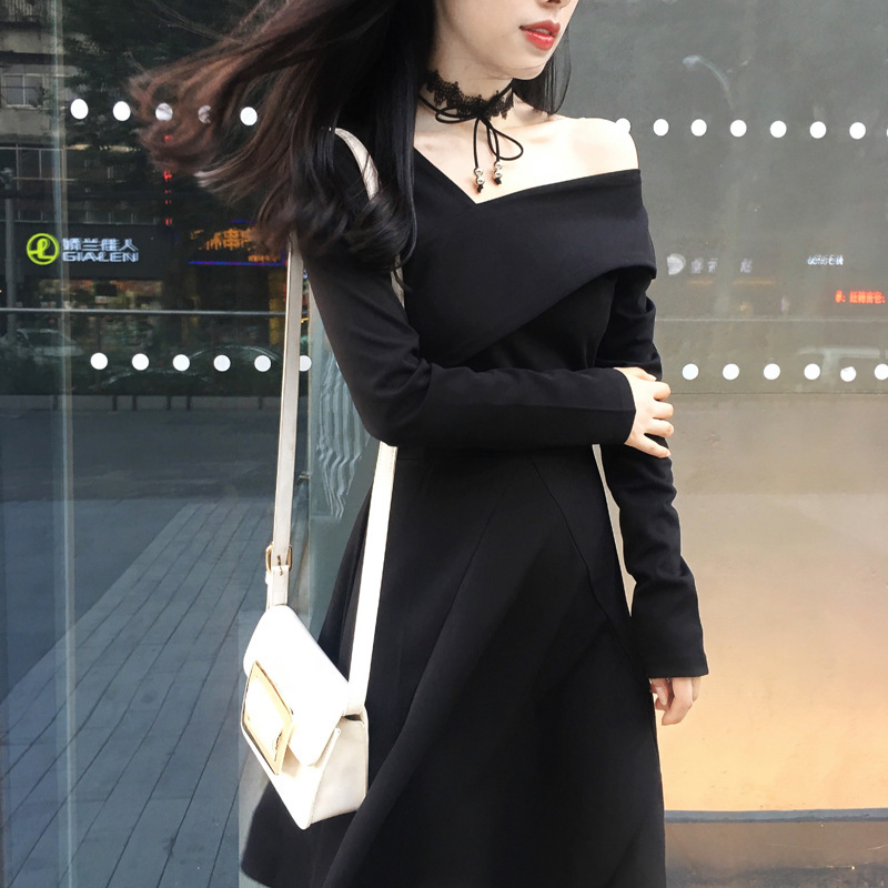 ワンショルダーがセクシー レトロワンピース 長袖 ミディ丈 ミディアム スカート Pure Fragrance Style