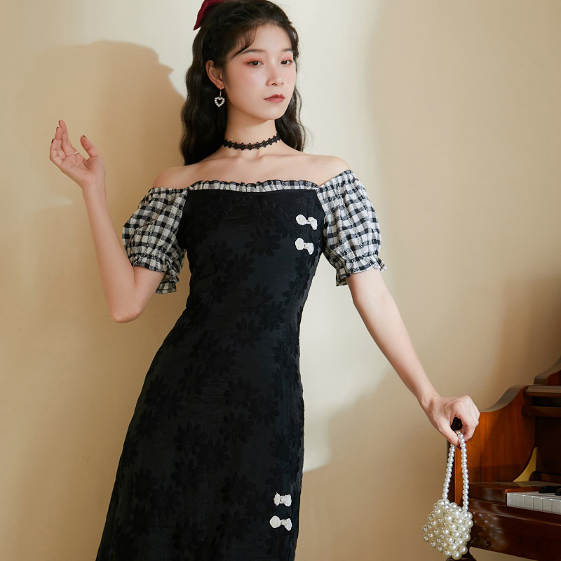 チャイナ風ワンピース 改良型チャイナドレス 普段着 女子会 パーティー ボートネック S M L ブラック 黒い Elegant