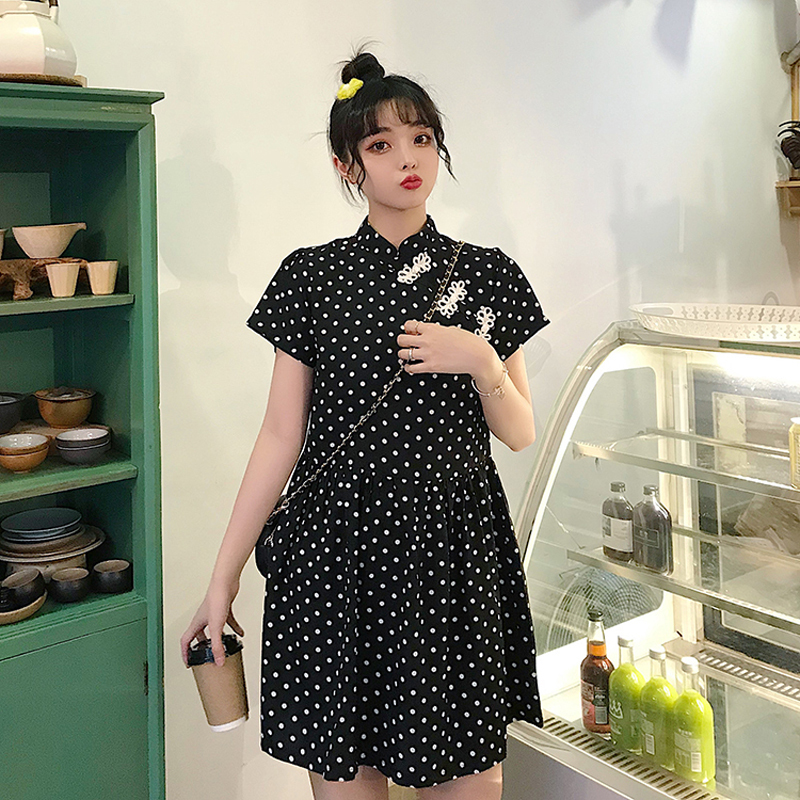 チャイナ風ワンピース チャイナ風服 中華服 改良唐装 改良漢服 スタンドネック 半袖 ショート丈 可愛い 普段着 デート S M ブラック 黒い レッド 赤い ドット柄 Elegant