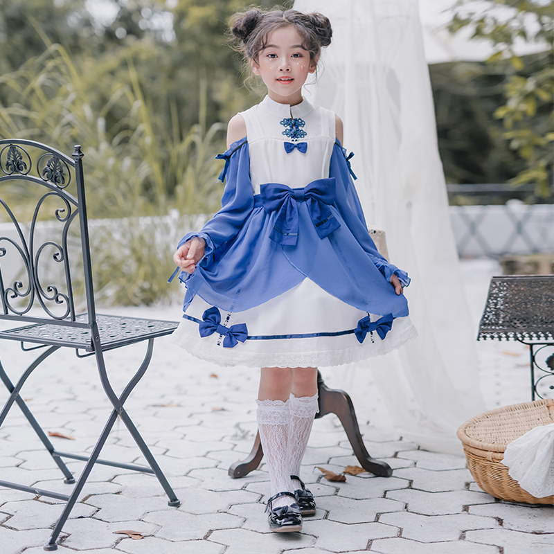 3518ロリータ服 ガールズ ロリィタ服 ロリィタドレス 女の子 子供 キッズ Lolita ロリィタワンピース ロリータドレス ロリータワンピース 長袖 コスプレ衣装 コスチューム チャイナドレス風 シフォン 満天屋