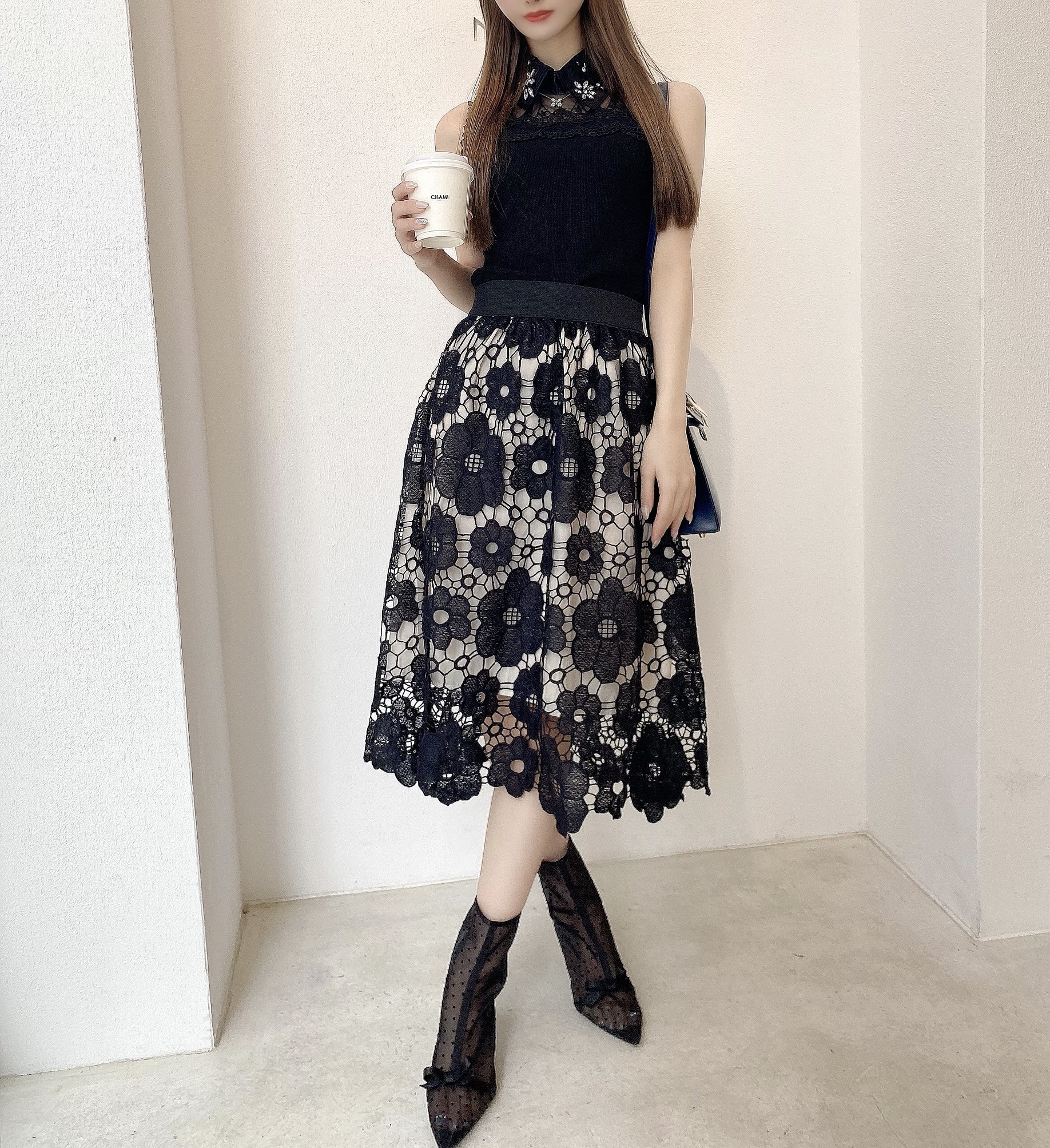 Blackフラワーレーススカート Selectshop Lumignon