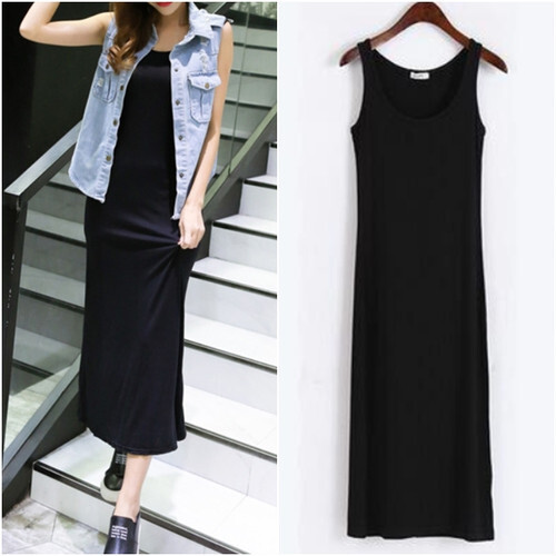 レディース ワンピース ロング丈 タンクトップ ノースリーブ Tシャツワンピース ロング スカート 体型カバー 春夏 韓国ファッション オルチャン マタニティウエア M ブラック 黒 Cosmo Store