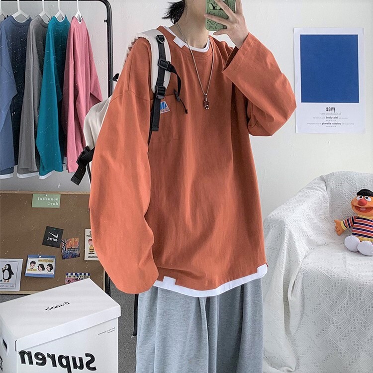 送料無料 ダボかわ ストリート ロング Tシャツ 重ね着風 ダメージ ロゴ くすみカラー カジュアル メンズライク ユニセックス Lamitte Deco トレンド 韓国ファッション ショップ