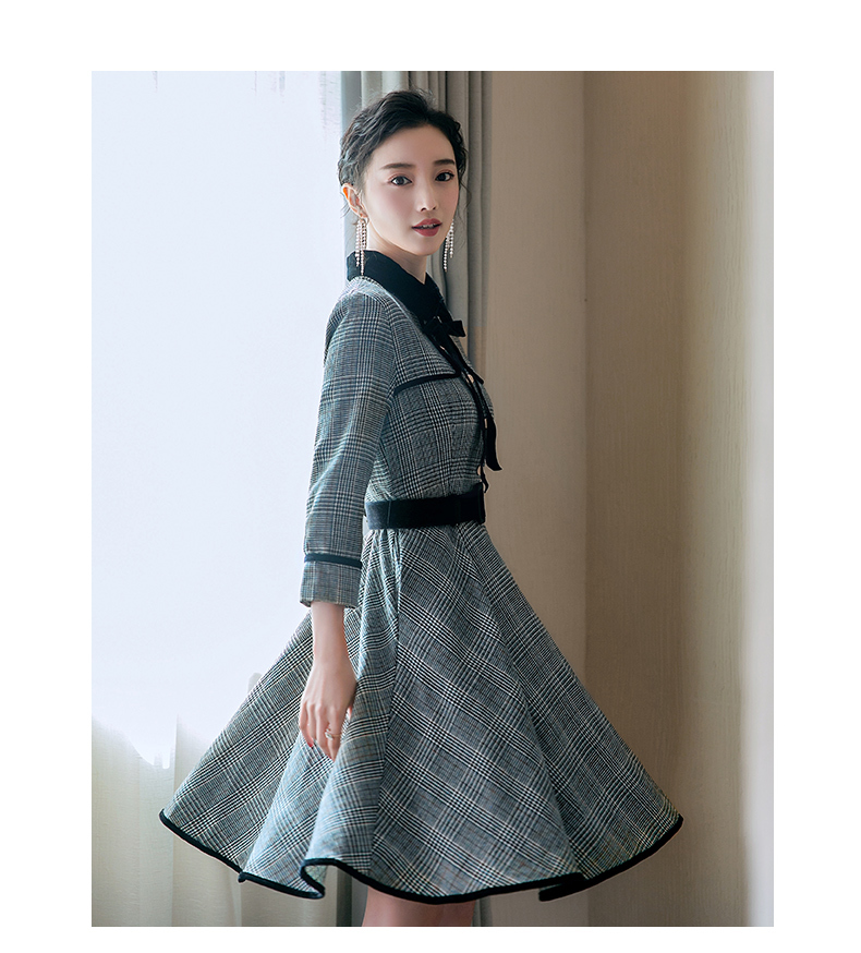 チェック柄 長袖 ワンピース 膝丈 春 夏 秋 冬 可愛い お嬢様風 結婚式 二次会 フォーマル グレー 襟つき リボン Anlo434 Antoinette