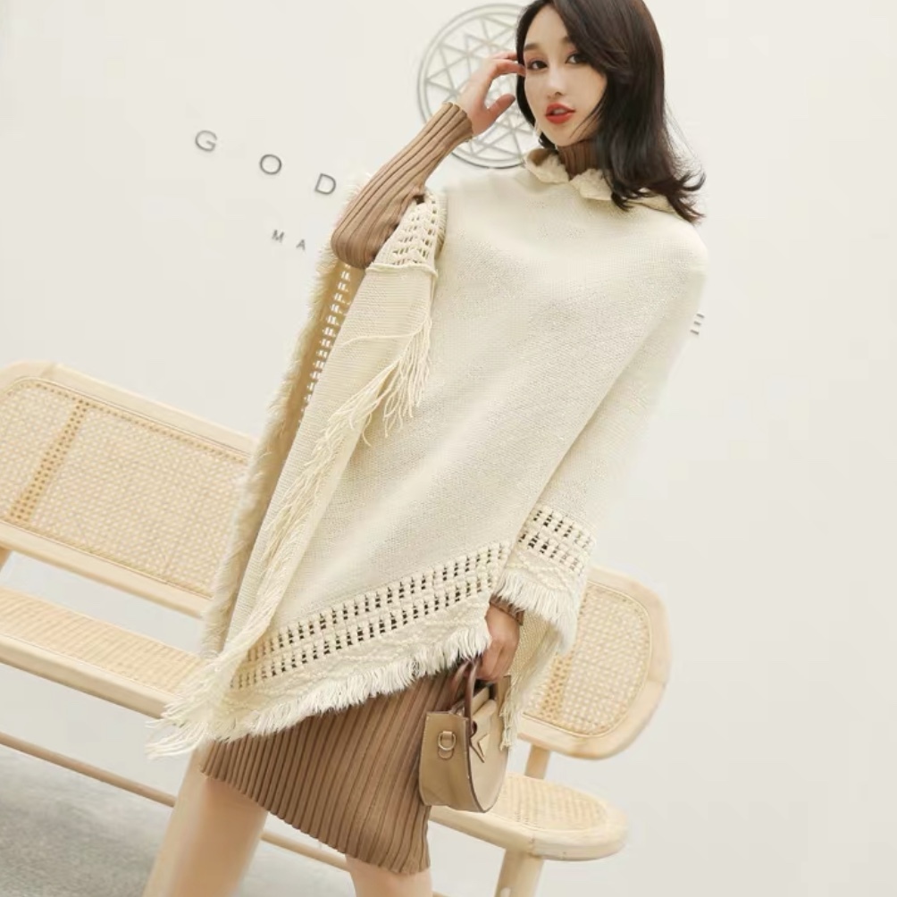 ポンチョ アウター レディース 秋 冬 物 長袖 白 色 韓国 ファッション