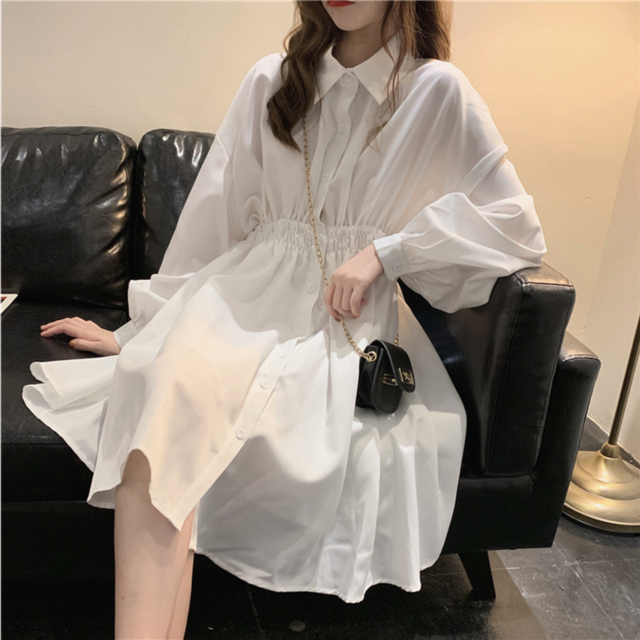 Regit Banding Waist Mini One Piece White 韓国服 ワンピース ワンピ 春 ひざ上 フェミニン プチプラ 着回し 着痩せ 着映え 女子会 10代 代 パフスリーブ Regit