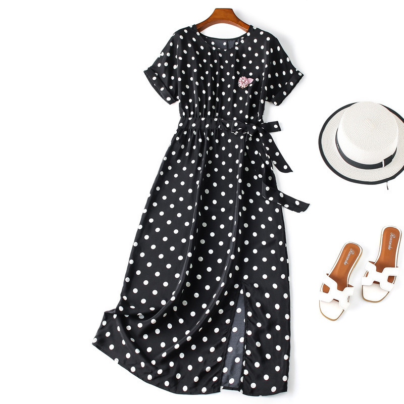 シルク100 高品質 シルクワンピース ドレス レディースファション ラウンドネック 半袖 ロング丈 ドット柄 ゆったり エレガント 高品質 高級感ある 女子会 結婚式 普段着 S M L Ll 3l ブラック 黒い ブルー 青い Elegant