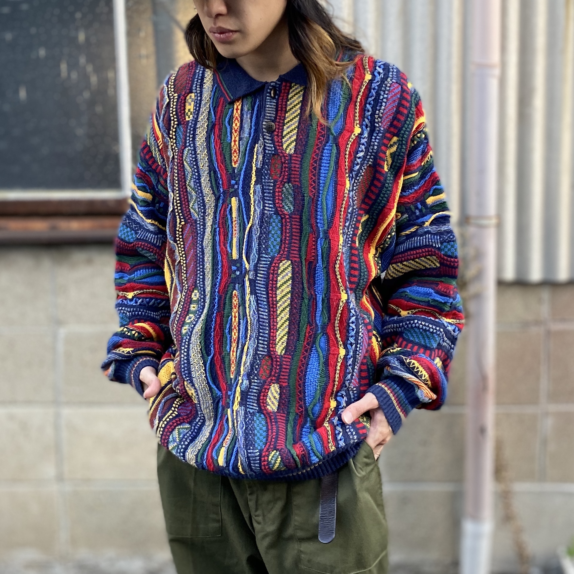 人気3Dニットポロ】COOGI レトロ感抜群デザイン◎マルチカラー古着90s-