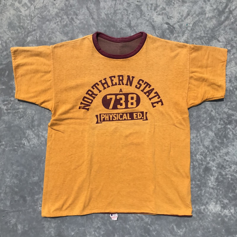 50 S Champion チャンピオン リバーシブル Tシャツ ダブルフェイス 4段プリント オリジナル ヴィンテージ エンジ イエロー Mサイズ 希少 Agito Vintage