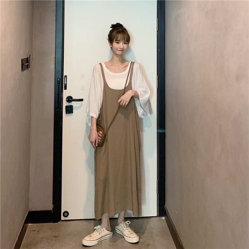 韓国レディースファッション 6664 ワンピース ロンt ２点セット ロング丈 キャミワンピ マ シャツ トップス 夏 双子コーデ カジュアル 可愛い レディース 送料無料 流行オルチャンファッション 人気のプチプラ韓国レディースファッション新作通販 Aliceholly