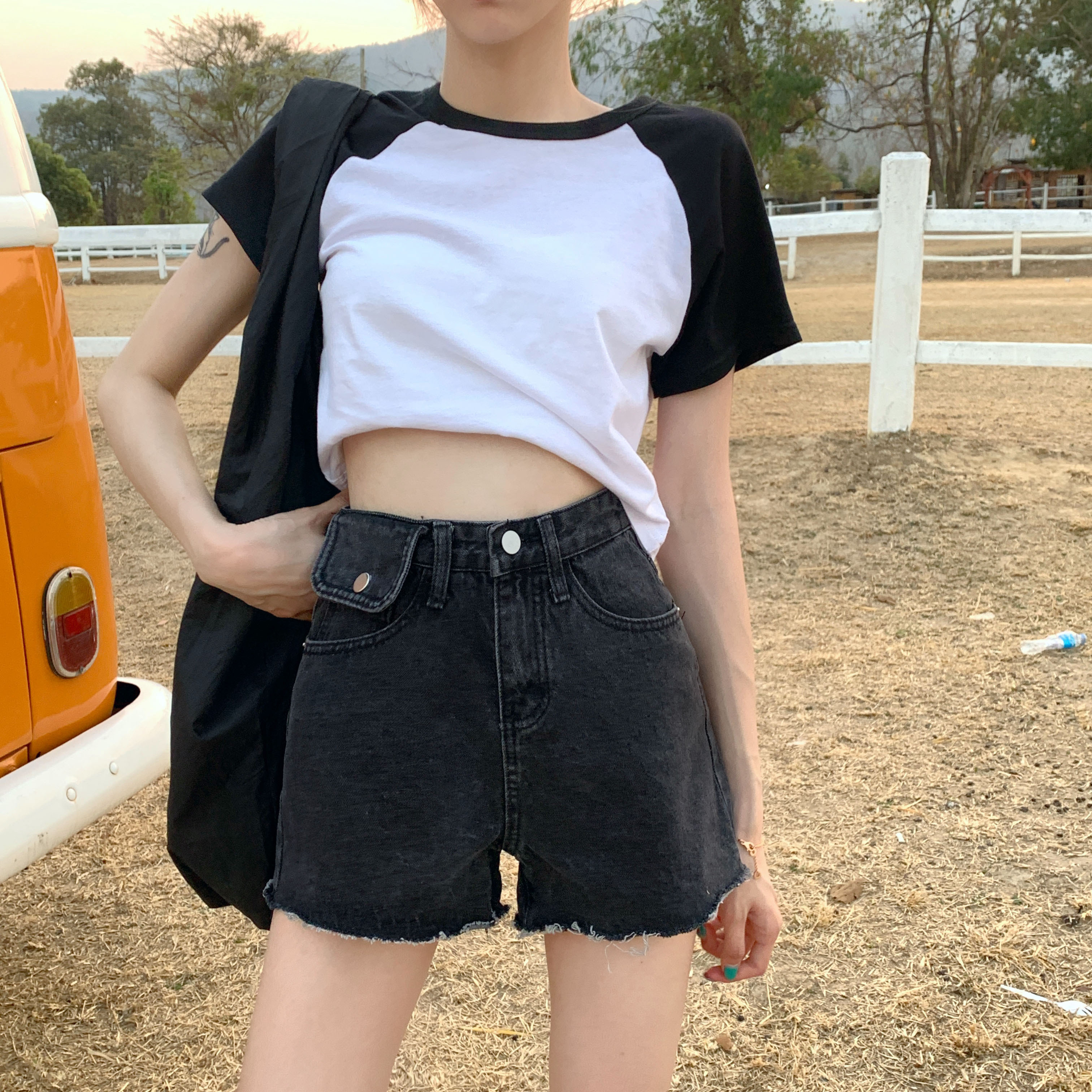 ジーンズショートパンツ女性ハイウエスト細い単語ワイドレッグパンツ年夏の新しい学生ネット赤いパンツins モンロー Mixlily Shop A