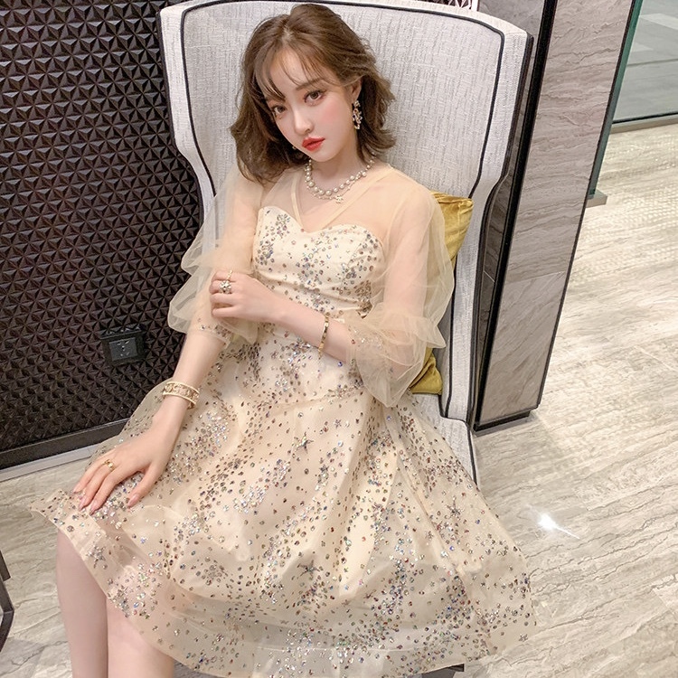 好評 チュールスパンコールワンピース ひざ丈ワンピース Csjla Pe