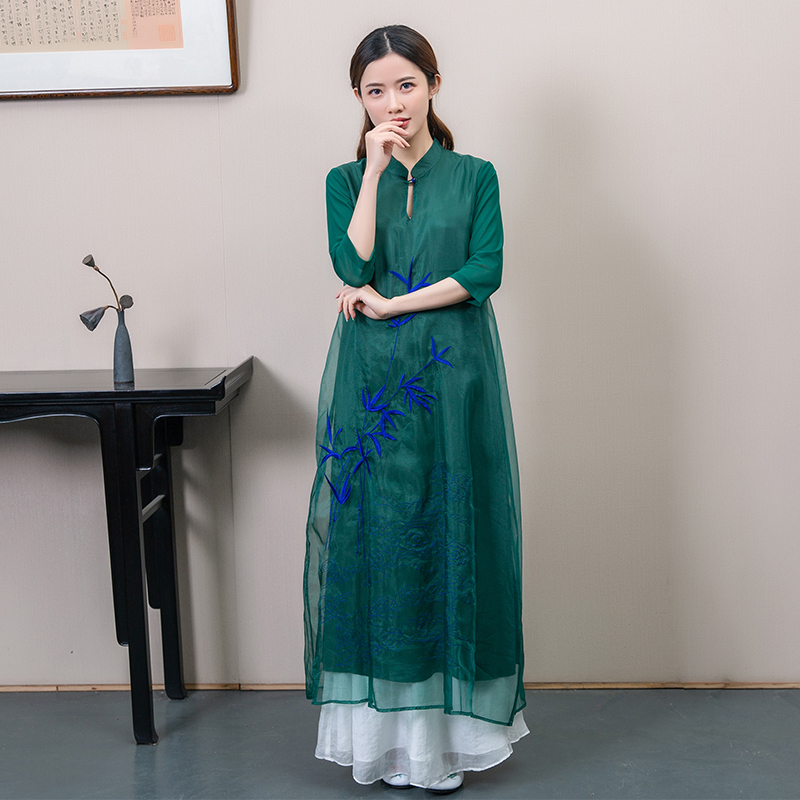 チャイナ風ワンピース 改良唐装 改良漢服 チャイナ風服 改良型チャイナドレス 女子会 同窓会 合わせやすい スタンドネック 九分袖 ロング丈 Xs S M L 普段着 民族風 ゆったり グリーン 緑 刺繍入り Elegant