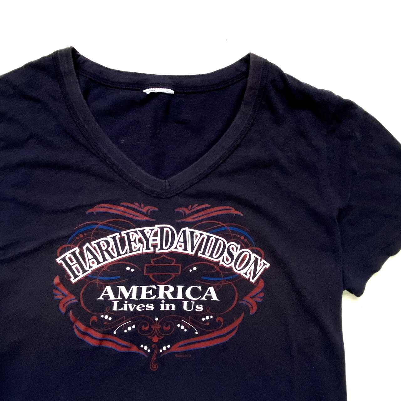 Harley Davidson ハーレーダビッドソン フロントプリント ロゴ Vネックtシャツ レディースxl相当 古着 モーターサイクル バイクtシャツ レディース バックプリント 両面プリント ネイビー 紺色 Tシャツ Cave 古着屋 公式 古着通販サイト