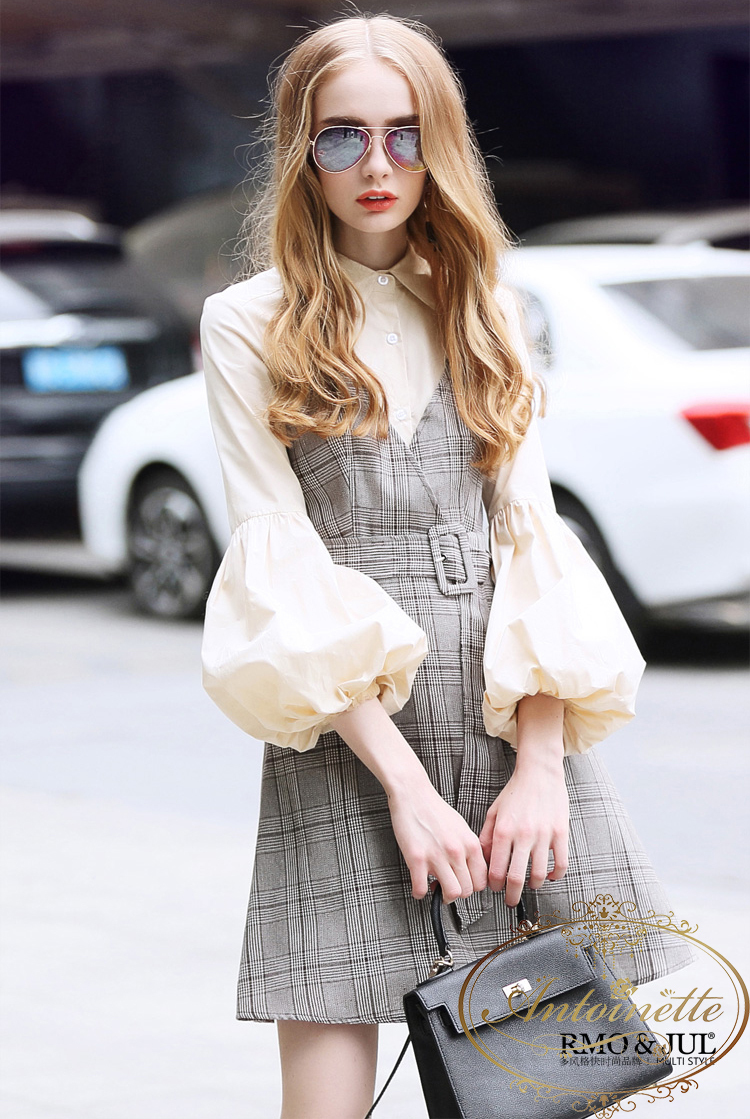 2色 クリーム ホワイト レディース 春 チェック ワンピース セットアップ 可愛い 長袖 バルーン バルーン袖 が海外セレブ 海外デザイン ロンドンスタイル ロンドン Antoinette