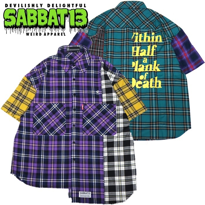 Sabbat13 サバトサーティーン サバト13 Shabby S S Check Shirts チェックシャツ 半袖 アシンメトリー 緑 紫 黄 黒 白 グリーン パープル スカル ドクロ メンズ レディース ロゴ ロック パンク バンド Rock Punk ギフトラッピング無料 ステージ衣装 Rogia Rogia