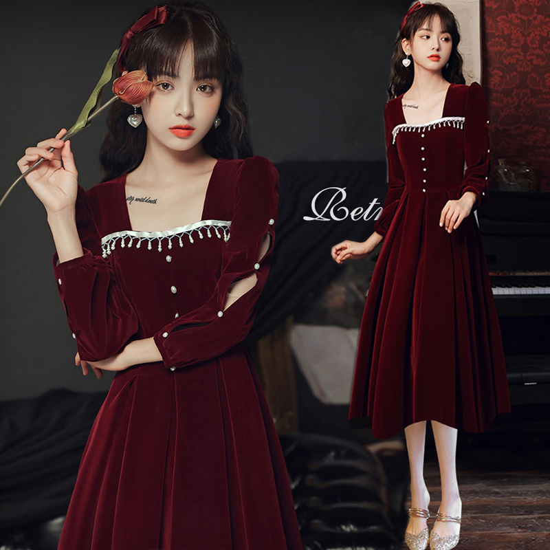 花棠秀シリーズ ワンピース 成人式ドレス セクシー 赤 ベルベット Ss S M L Ll 3l 女性らしい 淑やか Elegant