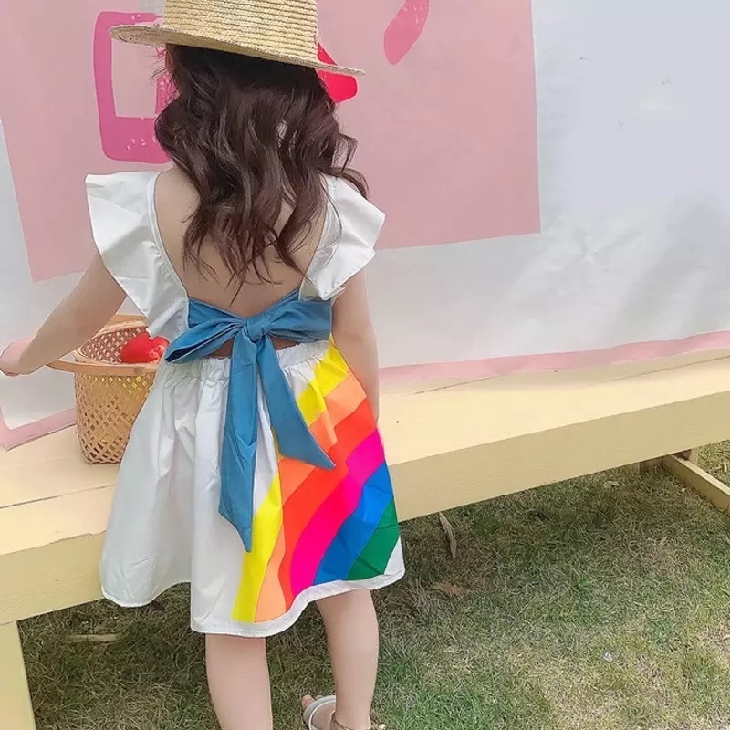 送料無料 女の子 レインボー 虹 バックオープン ワンピース 背中開き 子供 キッズ ベビー ジュニア 春 夏 韓国 バッグオープン La Preference