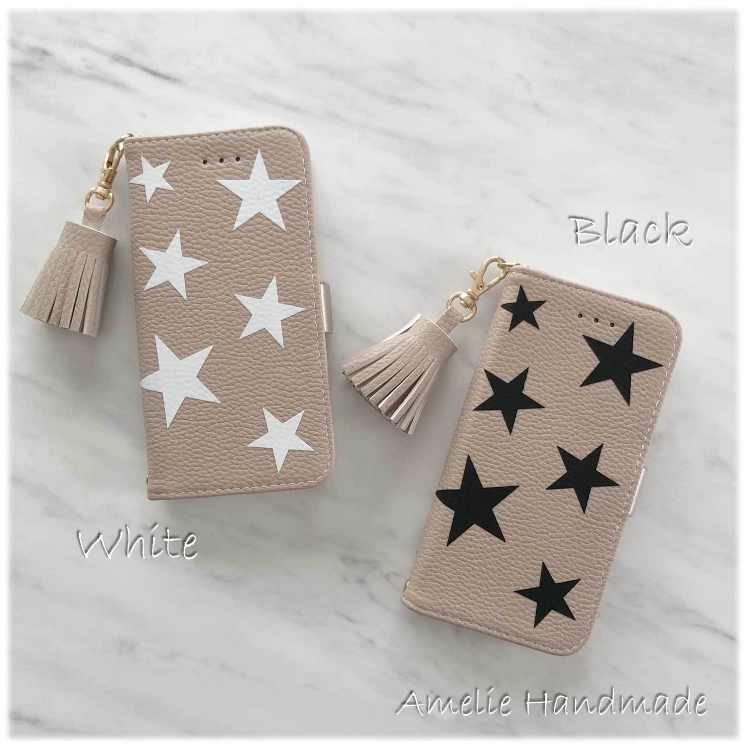 Sale Beigeレザー シボ革風 スター柄 手帳型スマホケース Iphoneケース オリジナルスマホケース Amelie Handmade