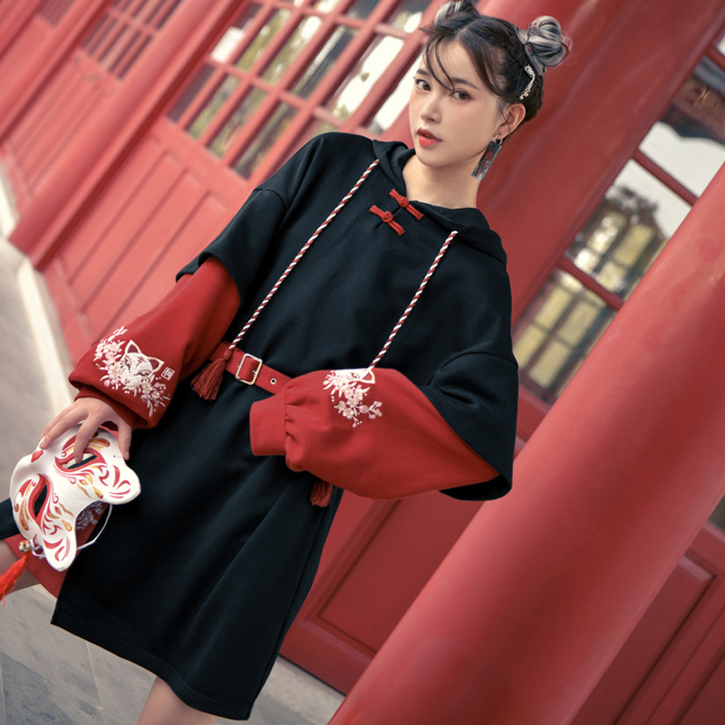 チャイナ風ワンピース 重ね着風 配色 赤 黒 中華服 改良漢服 S M 可愛い フード付き フリンジ Elegant