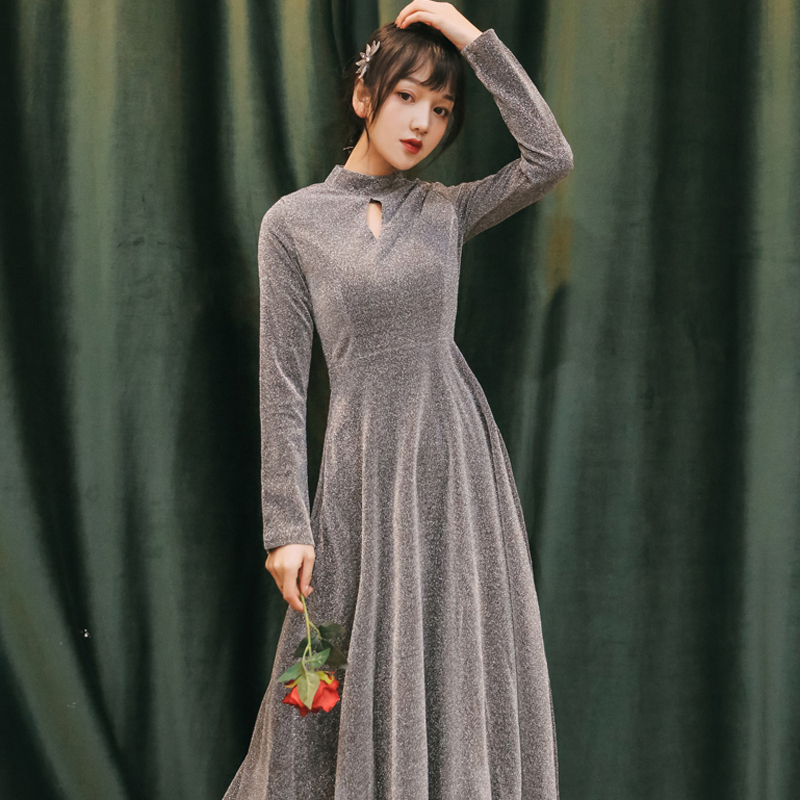 チャイナ風ワンピース ロングワンピース 改良唐装 改良型チャイナドレス チャイナ風服 中華服 S M L 女子会 同窓会 普段着 ダークグレー 着痩せ 気質アップ シンプル Elegant