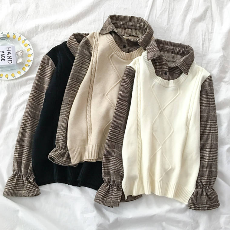 韓国レディースファッション 6179 重ね着風 キャンディースリーブ ニットベスト ドッキング チェックシャツ 流行オルチャンファッション 人気のプチプラ韓国レディースファッション新作通販 Aliceholly